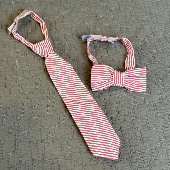2 Red White Stripe Seersucker Ties Neck Bow Tie Brothers Set Lot Rugged Butts - Picture 1 of 12